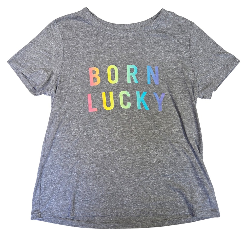 Lucky Brand Born Lucky Rainbow Graphic Tee Heather Gray Short Sleeve M Casual